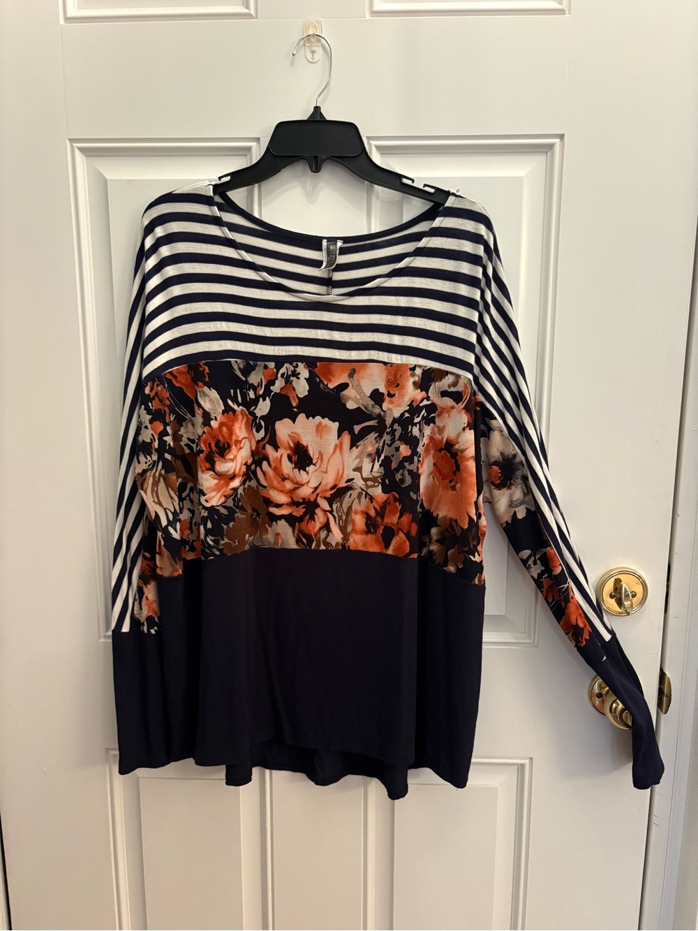 Glitz Navy Striped Top with Orange Floral Colorblock